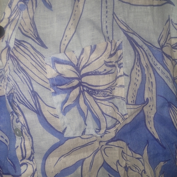 Halston Linen Women Large Top Shirt Tunic Blouse Blue Floral Button Down - Picture 3 of 5